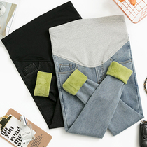 Pregnant women plus velvet jeans winter fashion wear thin warm pants thick belly pants Autumn Winter