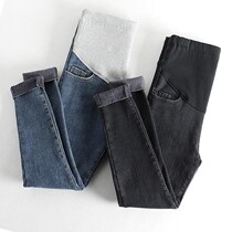 Pregnant women denim pants spring and autumn thin velvet wear fashion slim belly trousers autumn winter belly trousers
