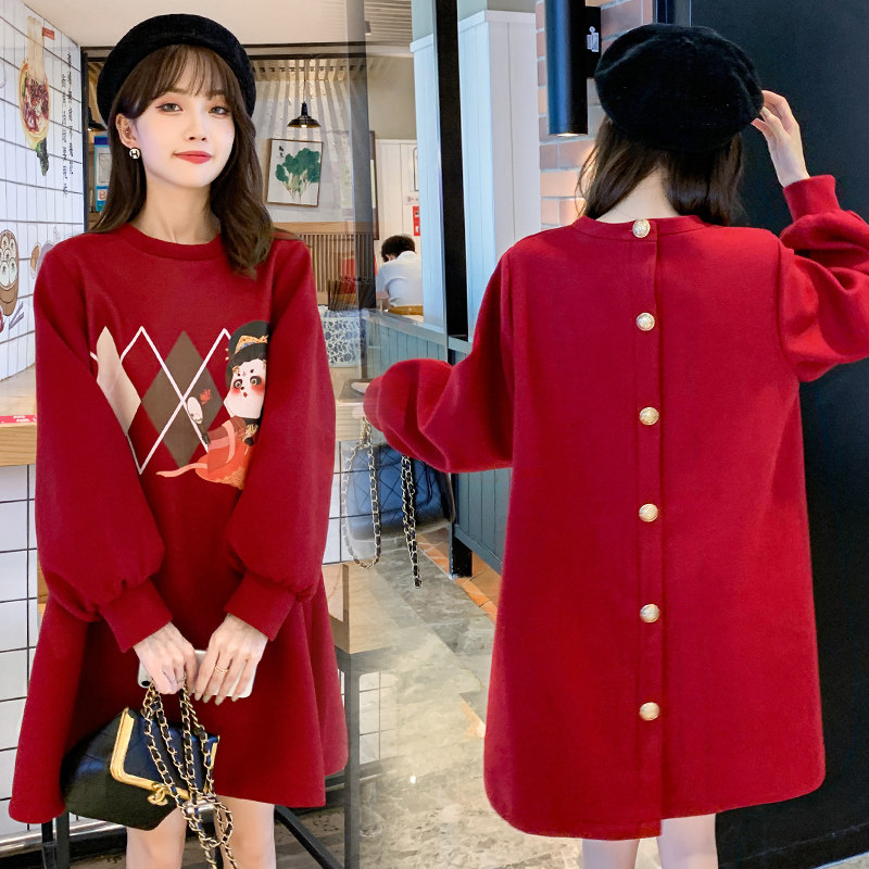 Maternity wear autumn and winter wear 2021 fashion print woolen dress winter style go out loose red western style top