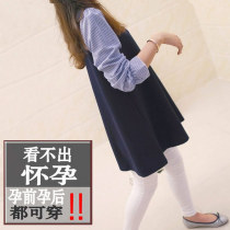 Pregnant womens autumn coat fake two pieces Korean version of pregnant womens dress autumn loose medium length maternity dress summer