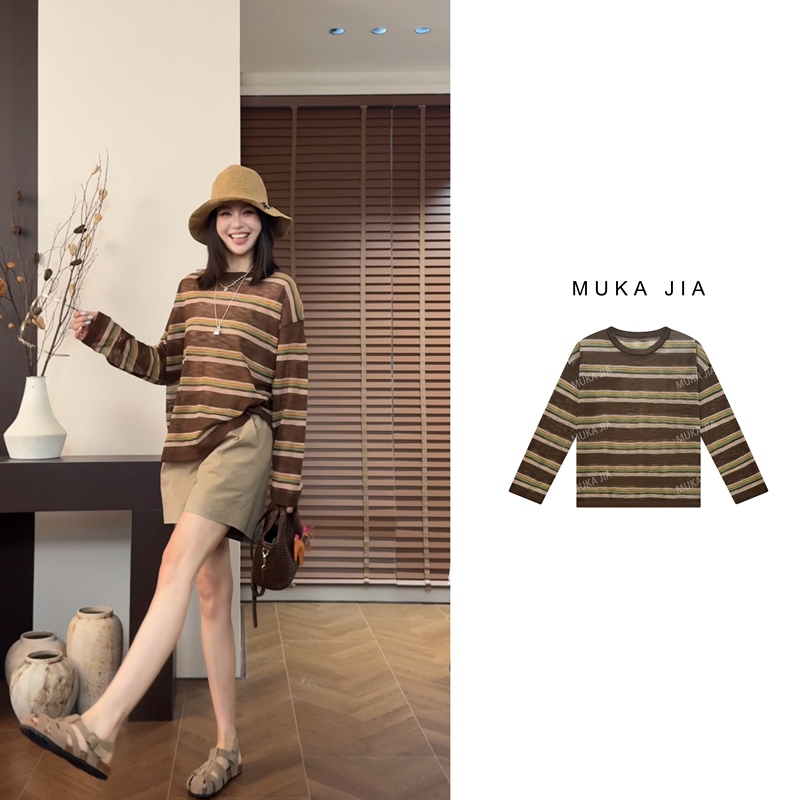 Mukajia [Bamboo Stripe Silhouette] Summer Lazy Style Slimming Fashionable Color-Block Striped Crew Neck Knitwear
