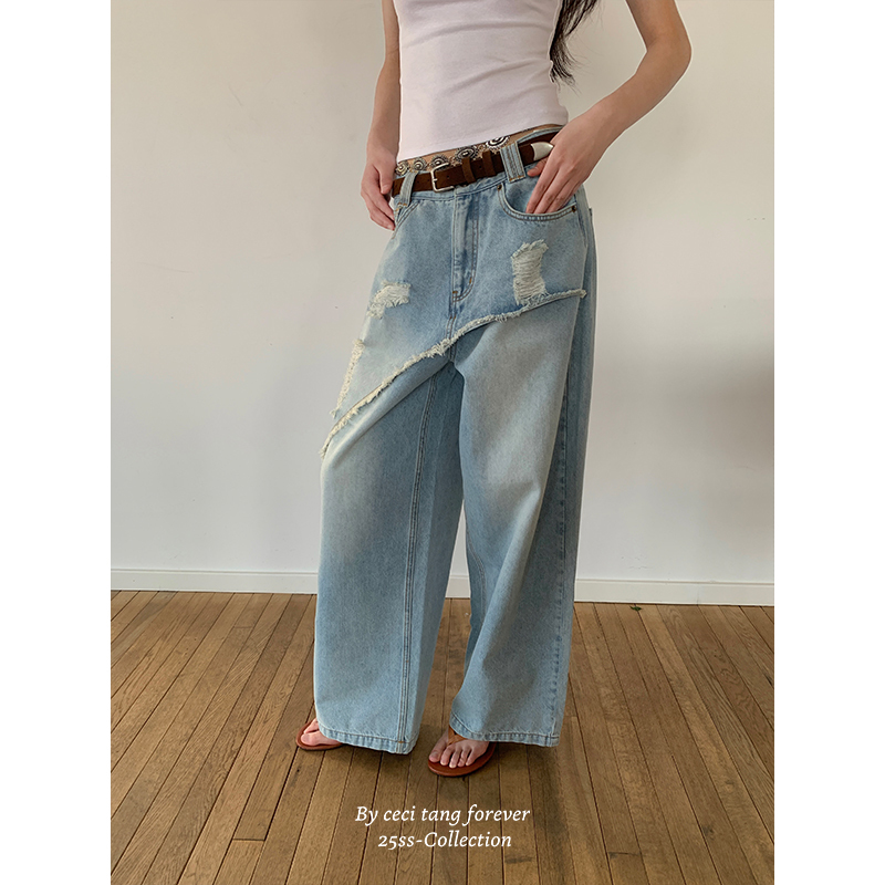 Cc Fur & Ceci Old Town Patchwork Draped Asymmetrical Design Fake Two-Piece Wide-Leg Ripped Jeans