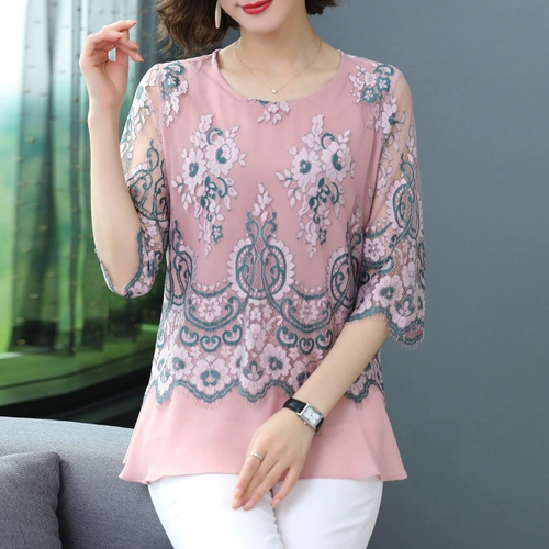 Кружевная летняя одежда для матери, шифоновая футболка, коллекция 2021, для среднего возраста