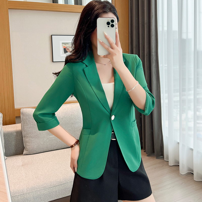 Green Blazer for Petite Women, Summer Thin Style, 2026 New Model, Slim Fit, High-End Feel, Three-Quarter Sleeves, Elegant Suit