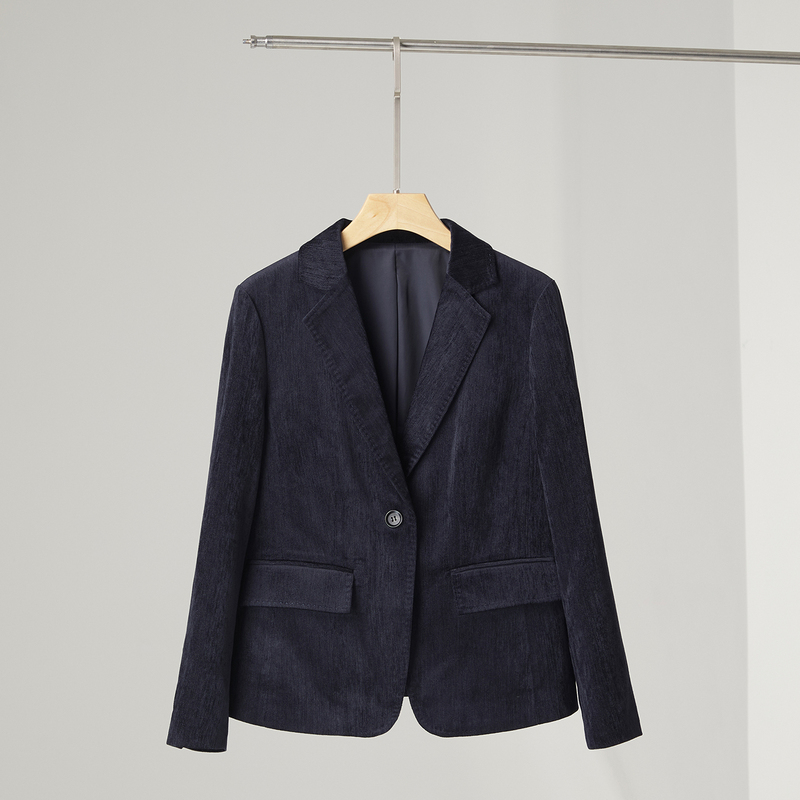 Premium Commuting Spring and Autumn Light Luxury~ Starry Velvet Straight Slimming Long Sleeve Slit Deep Blue Blazer Short Jacket for Women