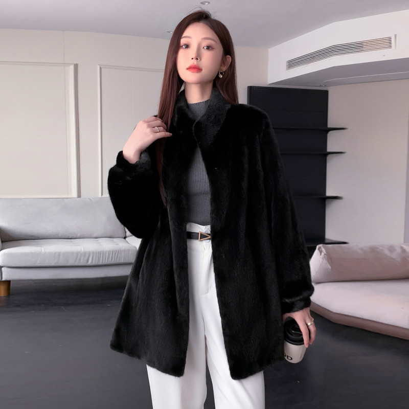 Black Stand-Up Collar Mink Fur Coat for Women, Full-Length Mink Fur Coat, Mid-Length Winter Imported Female Mink Fur Coat