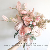 Emulated flower bouquet pink bridal hand held flowers Mudan flowers wedding wedding wedding photo props to lead the Korean-style meritocracy