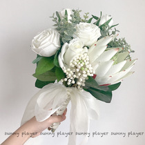 Hand bouquet wedding bride Korean white green forest department fresh simulation flower rose high-end bouquet