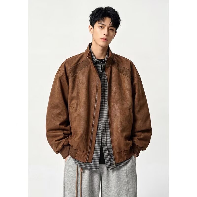 Cl Autumn New Men's American-Style Simple Suede Jacket Baseball Uniform with Stand Collar, Loose Fit, Versatile for Daily Commuting