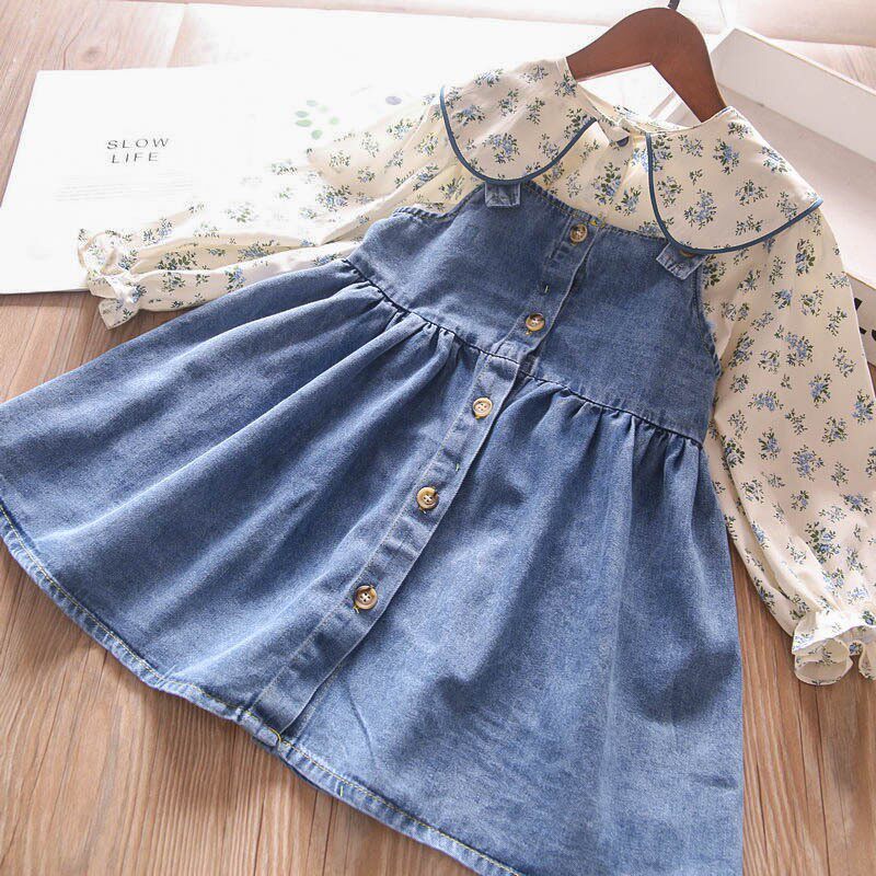 Girl 2022 New Denim Baby Cuddling Bag Skirt Child Foreign Pie Suit Skirt Han Edition Spring Autumn Baby Princess Even dress