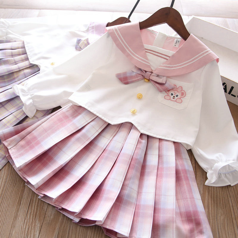 Girl's new 2022 Chun-style jk suit foreign children's Korean version Uniform baby College Wind Two sets of plexus skirts