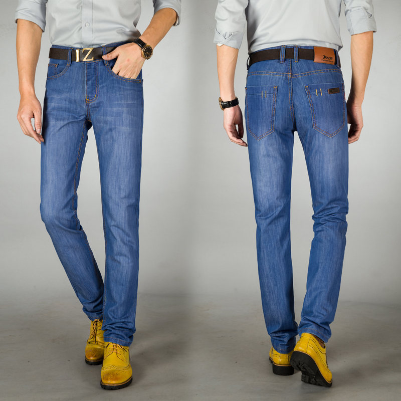 Mùa hè siêu mỏng jeans men straight loose thanh niên trung niên kinh doanh bình thường quần mùa hè yếm nam quần