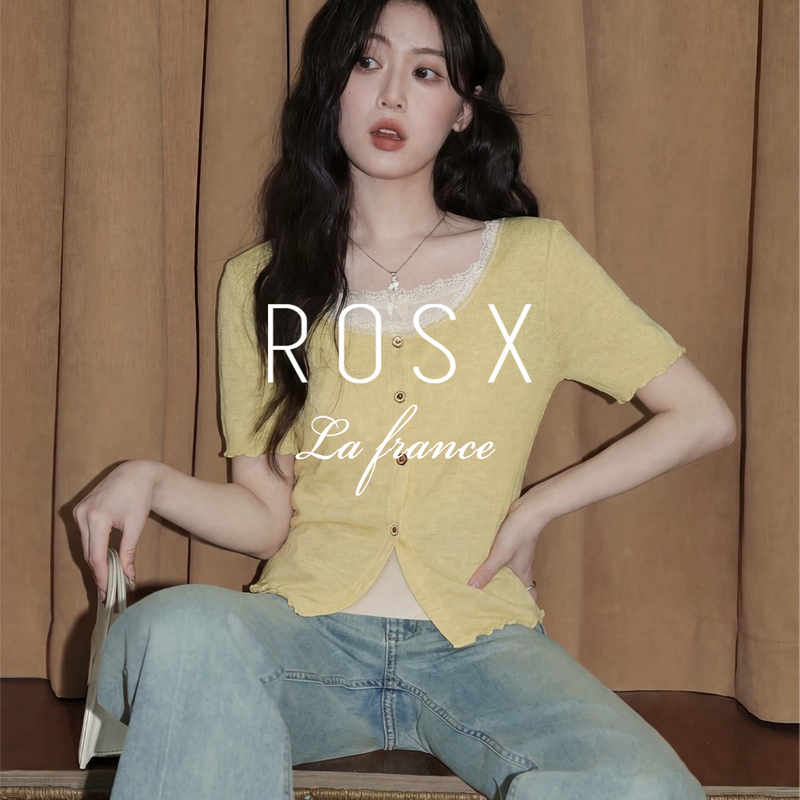 Rosx French-Style Yellow Lace Patchwork Faux Two-Piece Short-Sleeve T-Shirt for Women, Summer Ruffled Edge, Regular Shoulder, Waist-Cinching Short Top
