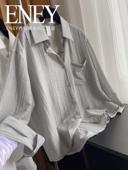 大码遮肉~哑光肌理感雪纺衫韩版大版遮肚子薄防晒衬衫宽松衬衣夏