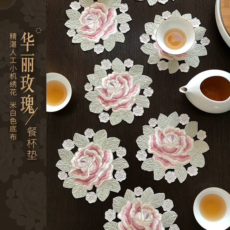 Pastoral fabric Korean japanese round embroidery creative decoration table mat placemat plate pad coaster gorgeous rose