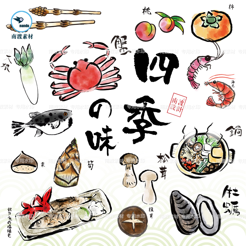 卡通手繪日本傳統美食春夏秋冬料理水果蔬菜海鮮魚蝦插畫設計素材 卡通手繪日本傳統美食春夏秋冬料理水果蔬菜海鮮魚蝦插畫設計素材