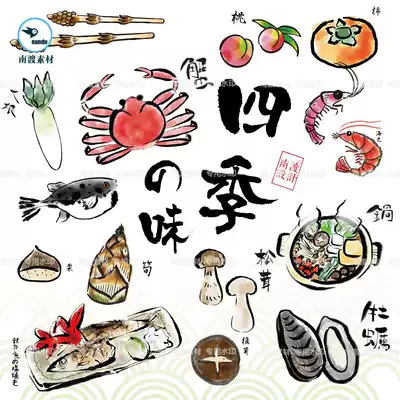 卡通手繪日本傳統美食春夏秋冬料理水果蔬菜海鮮魚蝦插畫設計素材