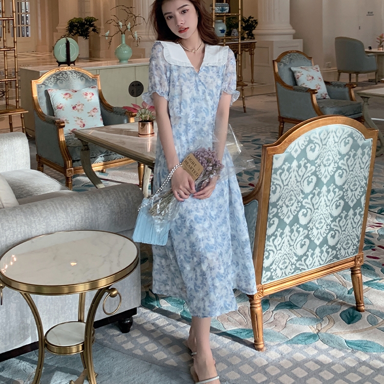 法式初恋甜美长裙,收腰娃娃领碎花雪纺连衣裙