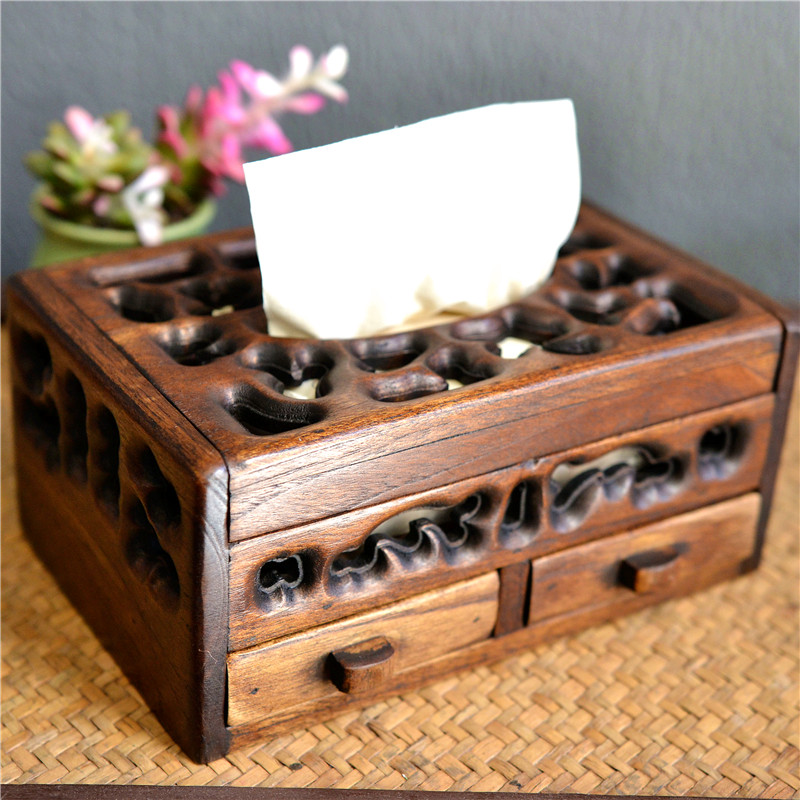 Thailand imported solid wood home accessories toilet paper box living room decoration multifunctional tissue box with drawer creative retro