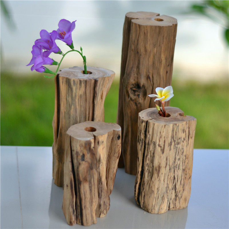 Thailand creative ornaments wooden vase living room flower arrangement dry flower irregular wood section wood pile punching solid wood decoration