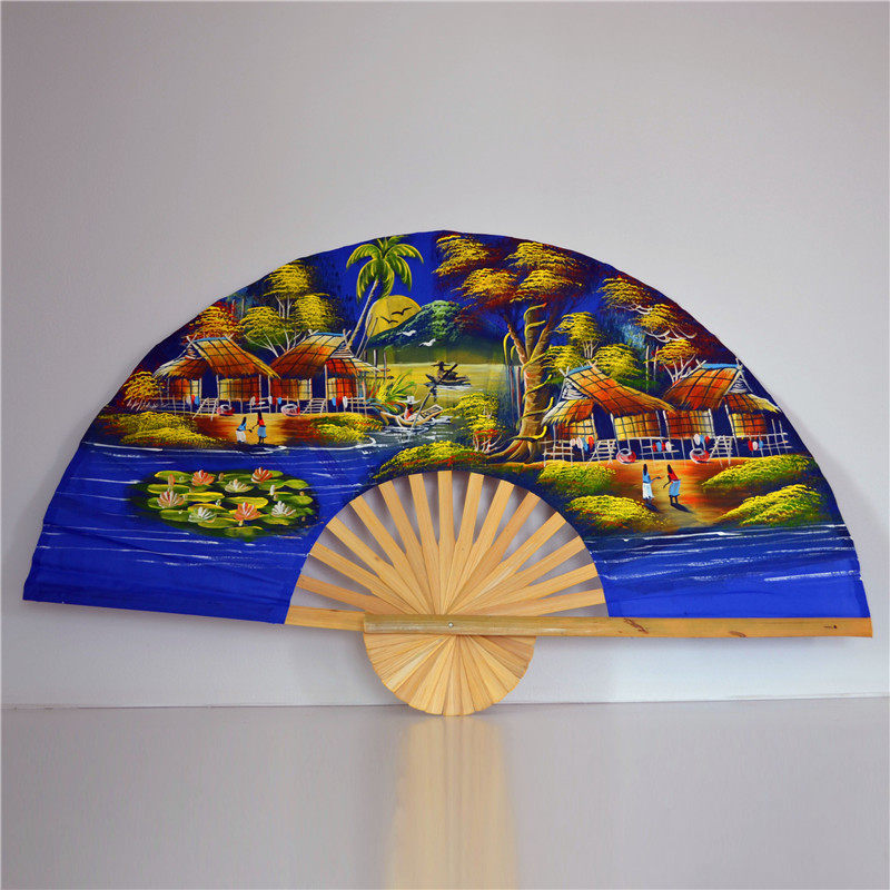 Thai bamboo cloth fan antique craft folding fan decoration fan flower cloth hand-painted wall decoration creative Southeast Asia