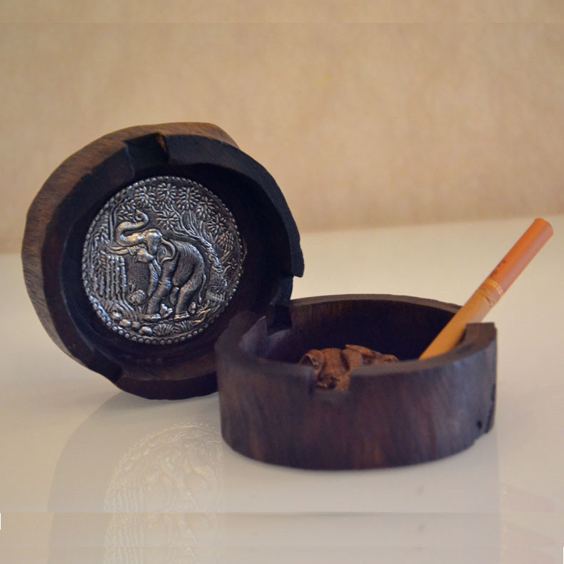 Thai imports tin ware solid wood elephant tobacco Ashtray Solid Wood Handmade Creative Home Ornament Tea Table Pendulum South-East Asia Wind