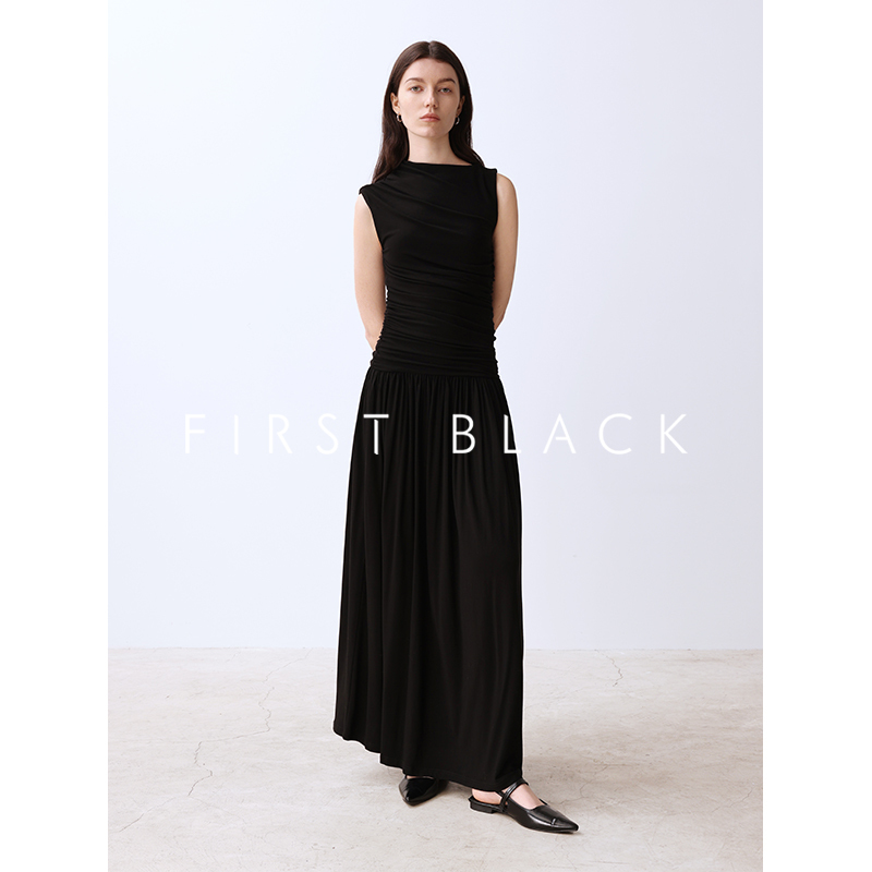 Firstblack Knitted Pleated Asymmetrical Dress for Women, Summer Waist-Cinching Slim-Fit Sleeveless Vest Mid-Length Dress