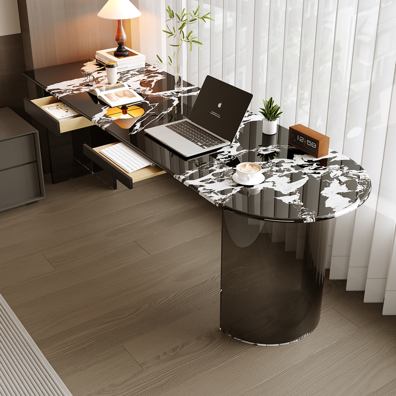 Light Luxury Style Microcrystalline Stone Desk for Home Use, Modern Simple Arc-Shaped Corner Office Desk, Small Apartment Computer Desk, Writing Desk