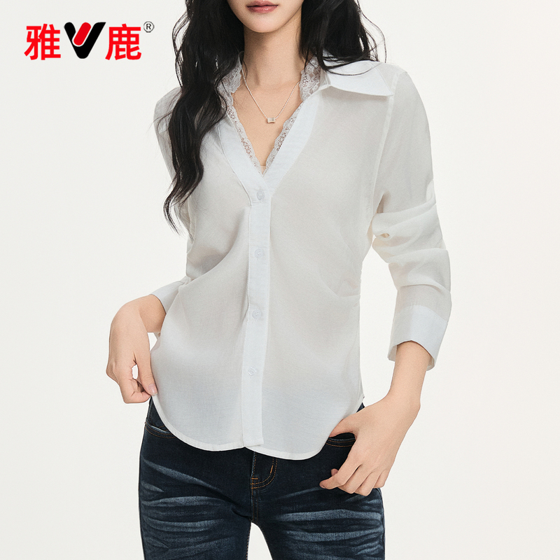 Yalu Lace Splicing White V-Neck Shirt for Women 2026 New Style High-End French Style Waist-Cinching Long-Sleeved Top