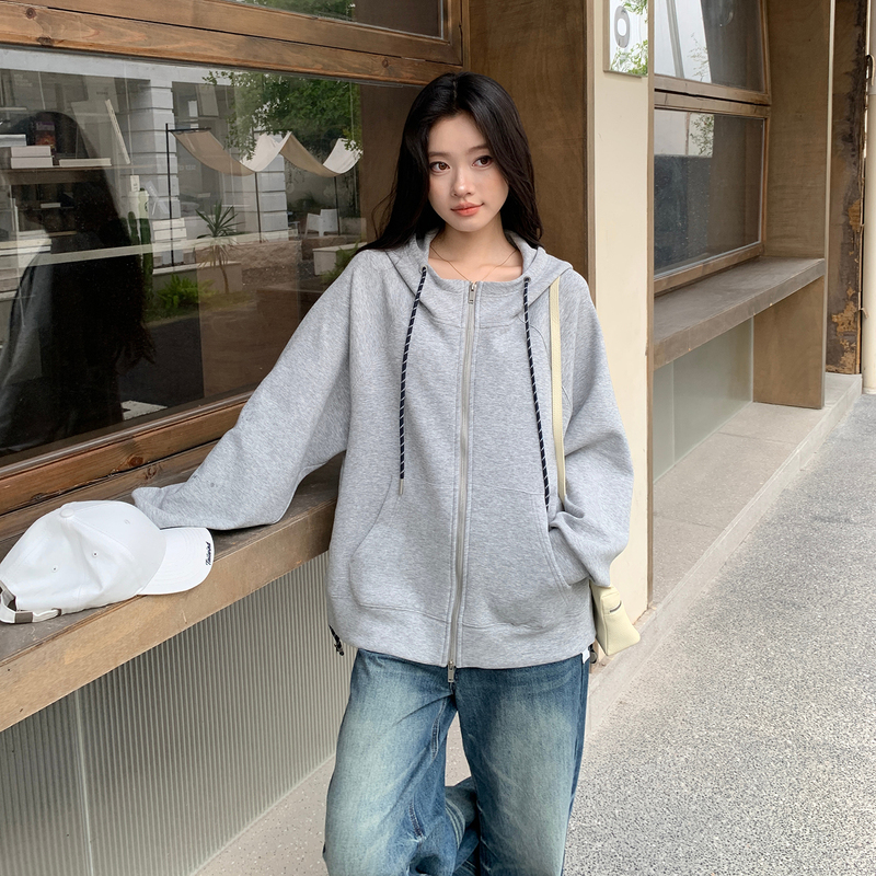 Lao Yang's Private Brand Me Home【Space Cotton Sweatshirt】Loose-Fitting Gray Hooded Cardigan Jacket, New Spring Style