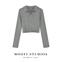 Короткий трикотажный приталенный кардиган, куртка с молнией, лонгслив, воротник поло, подходит для подростков