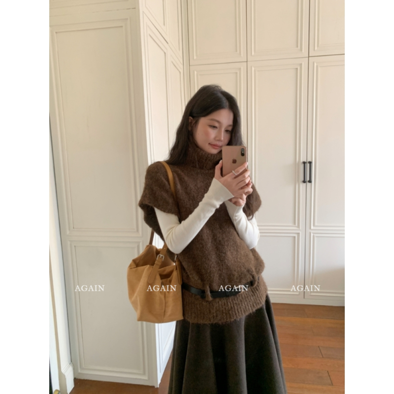 Again Coffee-Colored Retro Knitted Sweater Vest 2025 Winter New Style Super Nice High-Neck Elegant Top for Women
