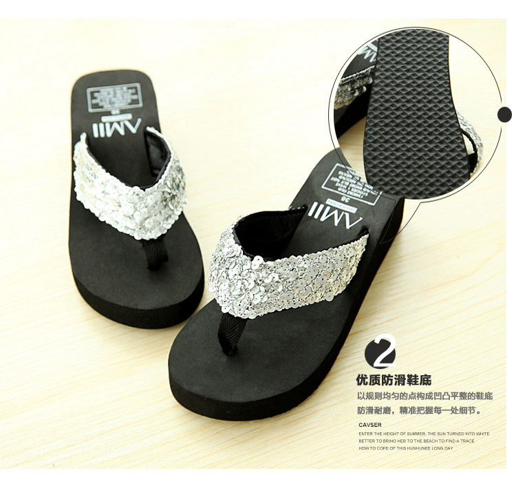 2016 dép thời trang mùa hè và dép dày cao gót muffin trơn triều nữ dép sequined wedges bãi biển flip-flops