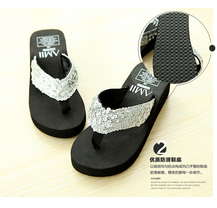 2016 dép thời trang mùa hè và dép dày cao gót muffin trơn triều nữ dép sequined wedges bãi biển flip-flops