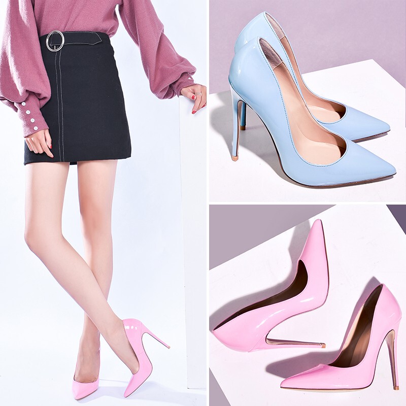 2024 New Light Blue and Pink Fresh Style 10cm Stiletto High Heels 12cm Pointed Toe Ultra-Shallow Women's Shoes