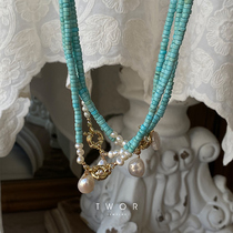 TWOR handmade beaded original niche design beautiful light blue turquoise natural pearl necklace choker