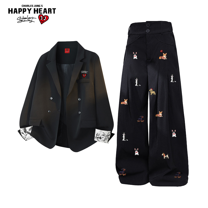 Charles Heart Floral Suit Casual Set for Men, Spring and Autumn Jacket with Full Print of Puppies, Couple's Straight-Leg Long Pants Charles Heart Floral Suit Casual Set for Men, Spring and Autumn Jacket with Full Print of Puppies, Couple's Straight-Leg Long Pants