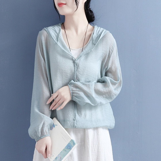 
2022 spring and summer ultra-thin hooded long-sleeved sunscreen shirt for women casual literary retro loose jacket sunscreen clothes