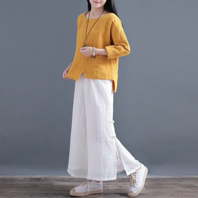 Qing Niao ຜ້າຝ້າຍແລະ linen ບາງໆສອງຊັ້ນ slits ແລະ buckles ຂາກ້ວາງ pants ກາງເກງຍາວສໍາລັບແມ່ຍິງດູໃບໄມ້ລົ່ນວັນນະຄະດີແບບ retro linen ເກົ້າຈຸດ