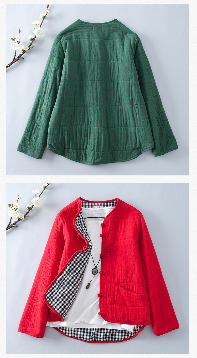 Qing triều đại văn học retro khóa Trung Quốc phong cách rắn màu áo khoác bông mùa đông cotton lanh bông phụ nữ vải lanh cotton quần áo phụ nữ áo phao nữ cổ lông