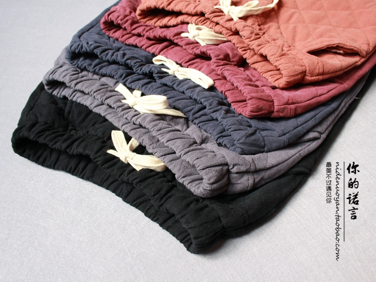 Dây rút thun eo retro văn học quạt nhỏ chân cotton quần màu rắn lanh áp lực dòng quần ấm áp nữ mùa đông