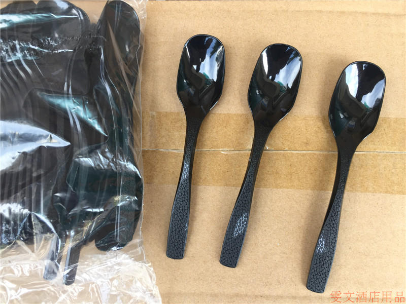 100 pack DS8 black spoon disposable plastic pattern flathead spoon rice soup soup spoon dessert spoon