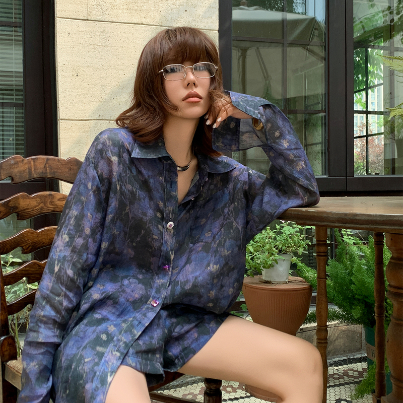 Mo2026 Summer and Autumn Ramie Long Sleeve Shirt and Printed Shorts Set, Very Beautiful Young Style Two-Piece Set for Women