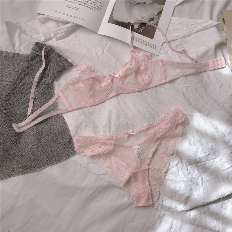 French-Style Sexy Lingerie for Women, Pure Desire Transparent Bra Set, Thin European and American Lace Pink Panties, Ultra-Thin Bra