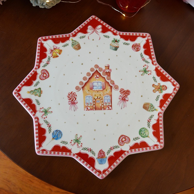 Elandil Holiday Decoration Dessert Tray Christmas Gingerbread House Ceramic Pizza Plate Home Dessert Cake Display Plate