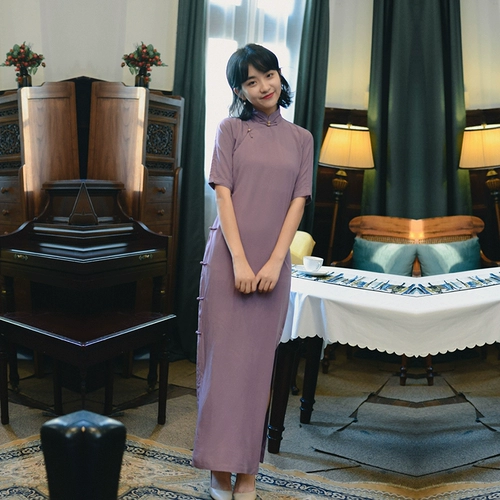 Летнее длинное ретро цветное ципао, жасминовый принт, средней длины