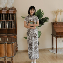 Jasmine August autumn season new short sleeve sleeve half open long retro daily printing linen cheongsam leaf shadow