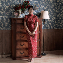 Jasmine cheongsam spring and autumn three points with sleeves full open placket medium and long retro daily red chiffon qipao good season