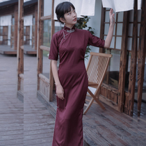 Jasmine cheongsam spring and summer new four-point sleeve full open long retro daily silk cheongsam red glaze