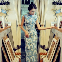 Jasmine cheongsam spring and autumn Completely sleeveless side zipper mid-length retro daily print linen cheongsam autumn white